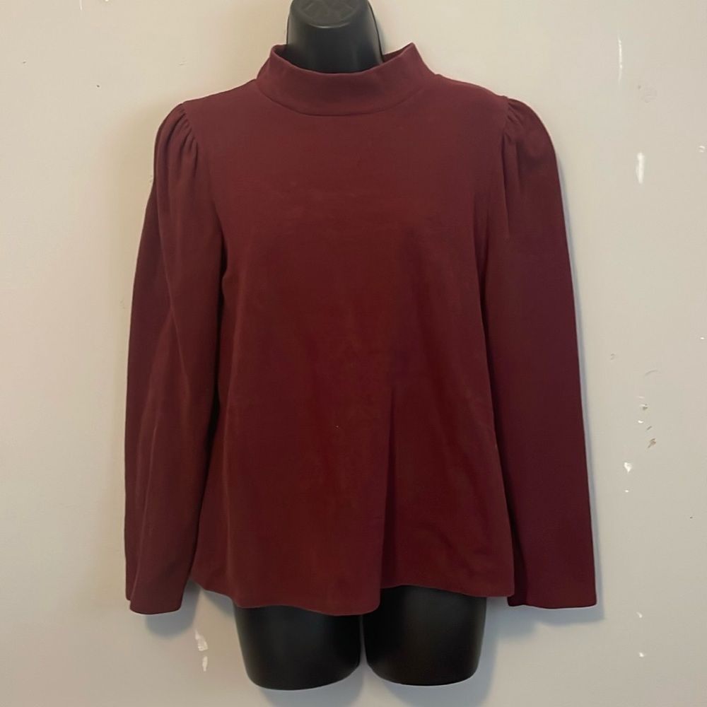 Madewell Burgundy Plush Mockneck Puff-Sleeved Top